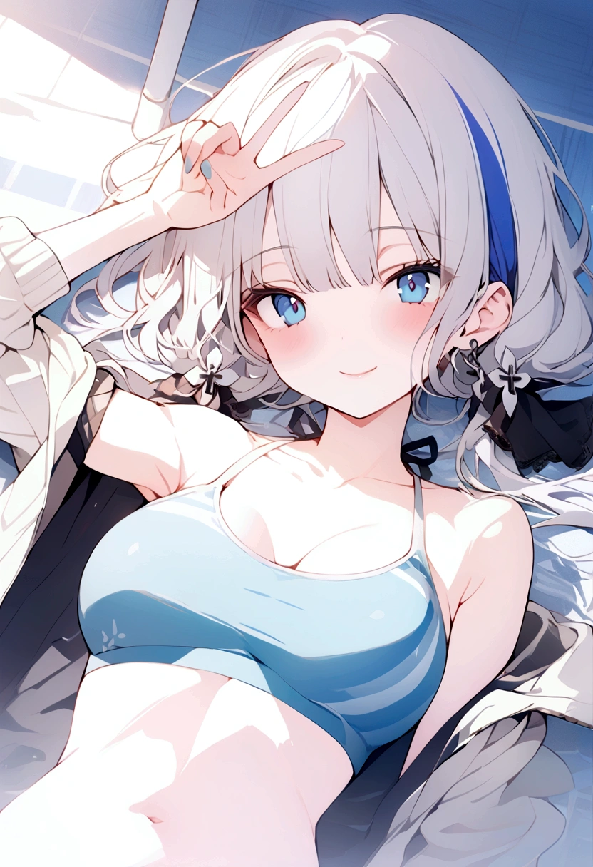 beautiful, masterpiece, Highest quality, anime, One girl, C Cup,Portrait Shot, View your viewers, Intricate details,>,((Covered、Short Hair、nearby、Blue Eyes、art、White hair,Blue streaked hair、wallpaper、 With a smile、Thighs、Poolside、Lying on your back、Swimsuit、Open jacket、peace sign