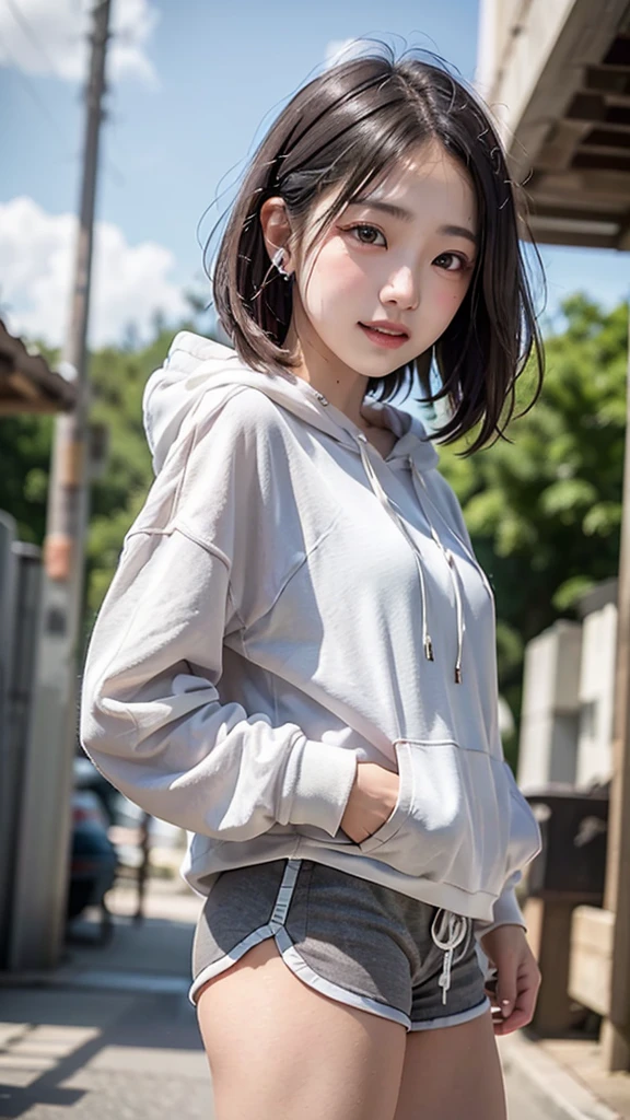 masterpiece、Highest quality、Best image quality、One Woman、Super Short Hair、Natural Makeup、Eyelash extensions、Draw eyelashes sharply、Show your teeth and smile happily、(Stand with your whole body facing the viewer:1.5)、Japanese 、Commemorative photo in the schoolyard、(Clothes with simple designs、Oversized white hoodie:1.5)、(Fitted white dolphin shorts:1.3)、(Camel Toe:1.3)、Blur the background、(Cowboy Shot:1.3)、(View the subject from below:1.3)