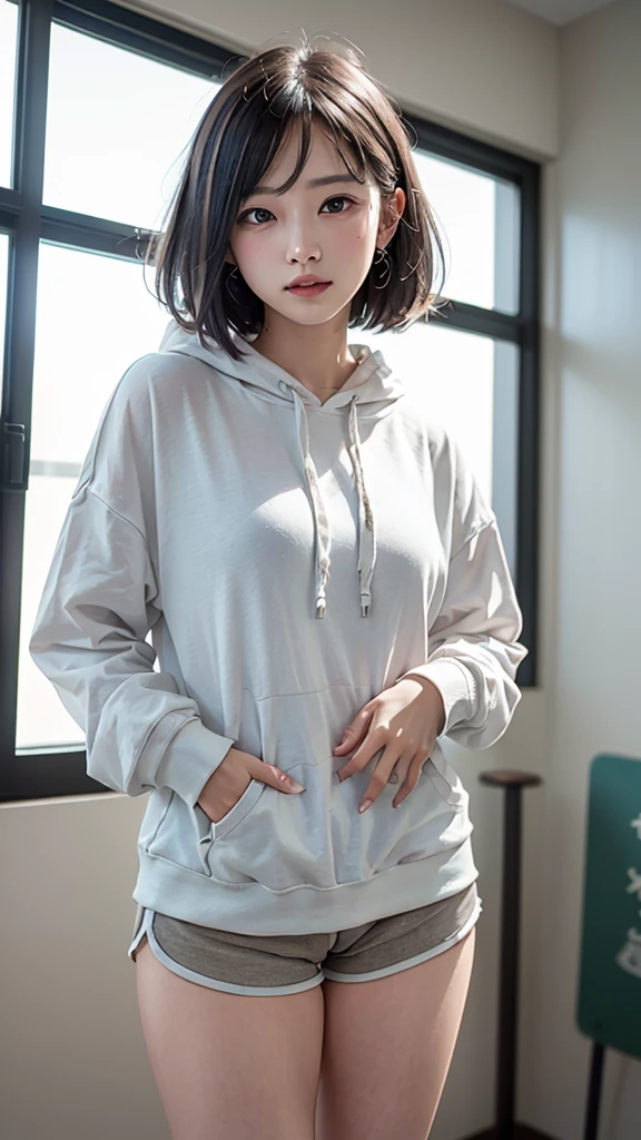 masterpiece, best quality, ultra quality, high quality, realistic, photo realistic,,natural lighting,(cinematic lighting:1.4),RAW photo, hyper detailed, intricate detailed, perfect anatomy, Fujifilm XT3, BREAK 1girl,Japanese,(slender abs:1.3),large hip,(camel toe:1.2),(Black semi-long straight hair over one eye:1.2), (smile:1.3),(blushing:1.3),teary eyes,(light gray sweat pants:1.3), BREAK (downblouse:1.3), BREAK (light gray hoodie:1.3),(breast focus), (looking at the floor),( looking to the side),( looking at another:1.4), BREAK (in gymnasium:1.5),(indoor), (mideum shot), ,from front, standing,((down hood:1.3)),(no bra),(covered nipples),(braless),Oversized_hoodie,(braless),oversized_hoodie_e, ((hoodie:1.5)), long sleeves, BREAK (light gray hoodie:1.3),