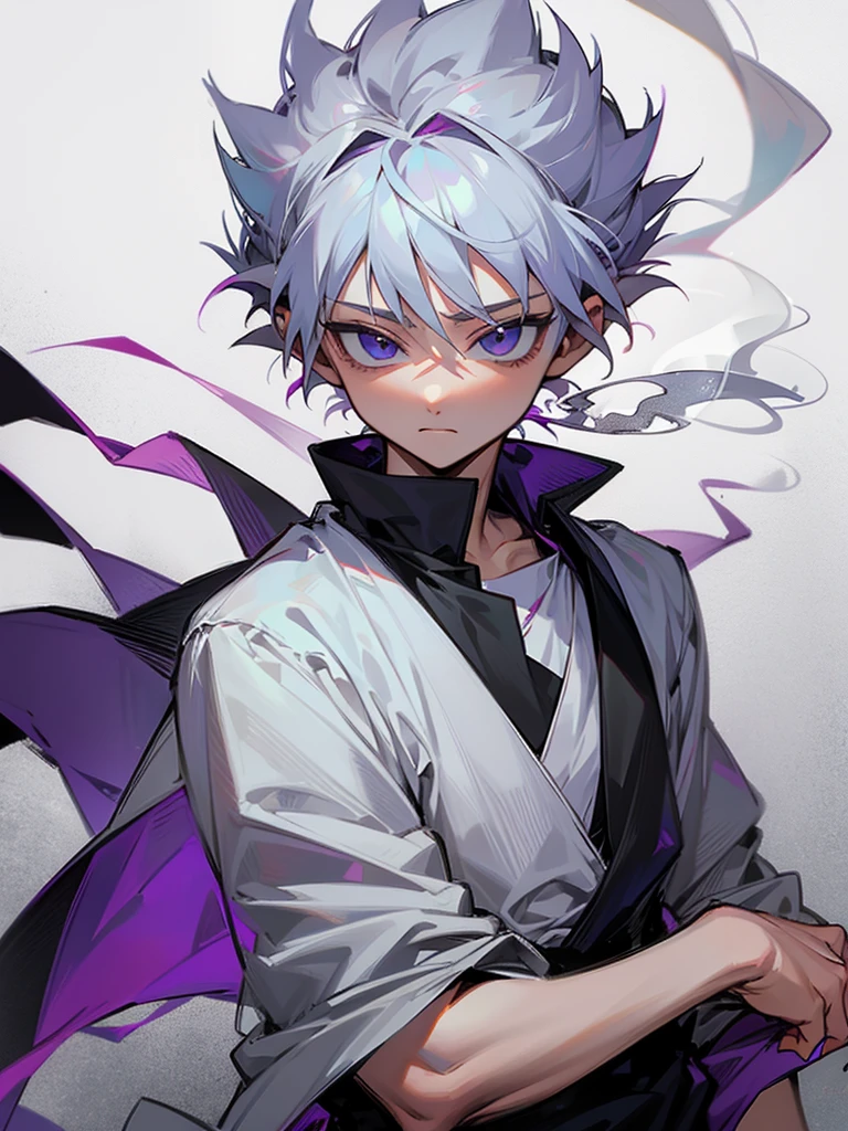 Killua Zoldyk with long hair partially tied in a bun, smoking