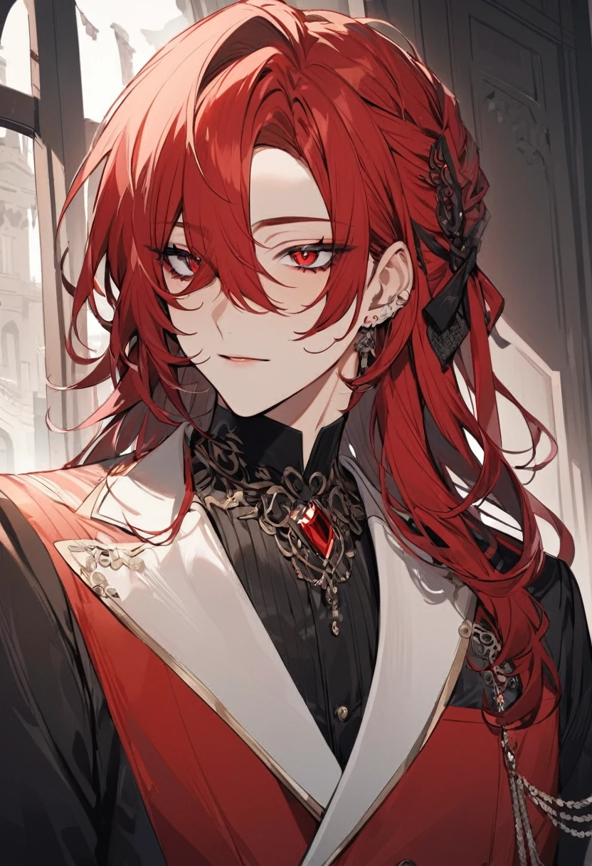 1boy,cool style,handsome,Curly hair, red hair, red eyes, shoulder length hair, vampire, handsome, vampire clothes, black robe,close up photo