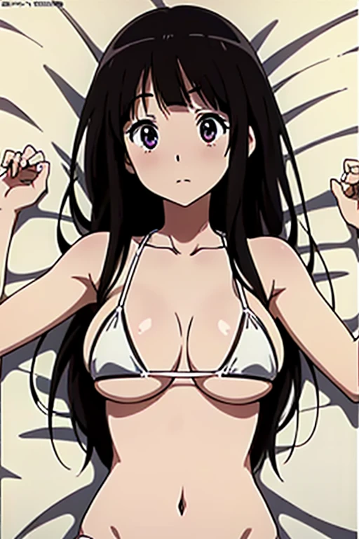 (anime cels style, megami magazine, poster style, best quality, high resolution, sharp image, 8k wallpaper, masterpiece), (beautiful detailed eyes, beautiful detailed face), Chitanda Eru, (black hair, long hair), blush, (huge breasts, underboob), white bikini, (upper body, lying, on back, lie on bed:1.5), simple background, (perfect detailed anatomy, perfect detailed body, perfect arms, perfect fingers, shiny skin)