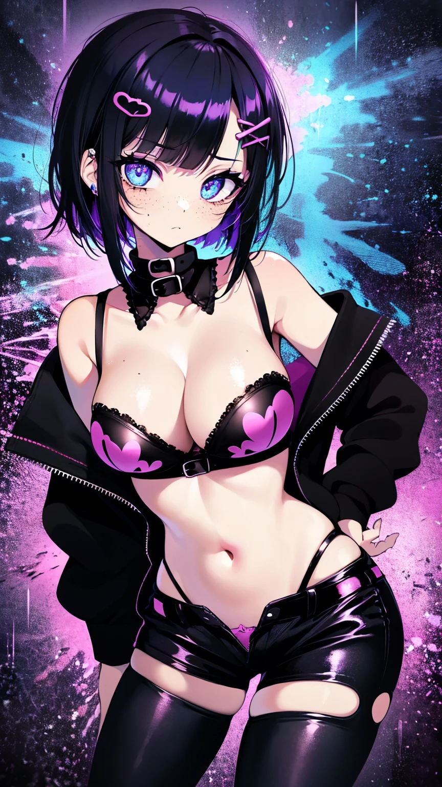 1 Girl, Punk Rock clothes, Short Shoulder Length Hair, (Black hair, Blue and Purple Hair Highlight's), Deep Blue Eye's, Medium Breast Size, Underboob, Sassy, Sexy, Slutty, Pale white skin, Freckles, Tight Button Up Shirt, Black Leather Pants, Hands Behind Back, Leaning forward to show more cleavage, (Neon City Background), (Rain, Rainy, Stormy), 