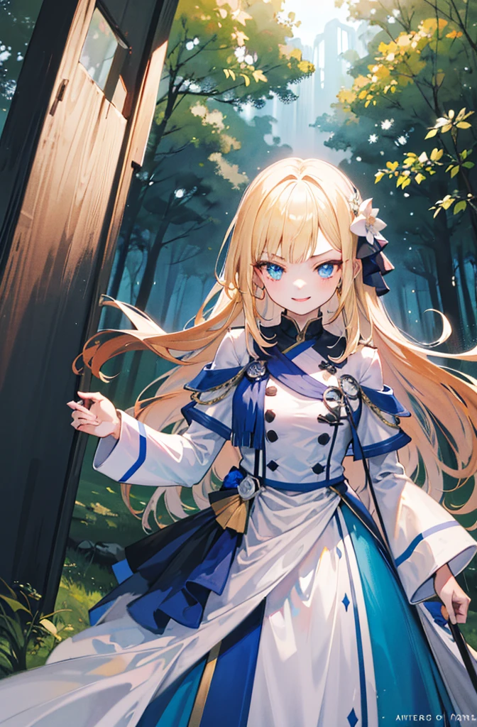 (Standing painting: 1.2) + (1girl:1.5)+ golden hair + princess cut + white knight uniform + detailed eyes and nose + deep blue eyes + white battle uniform + domineering, masterpiece, best quality,evil smile,holy,((forest background)),adult,
