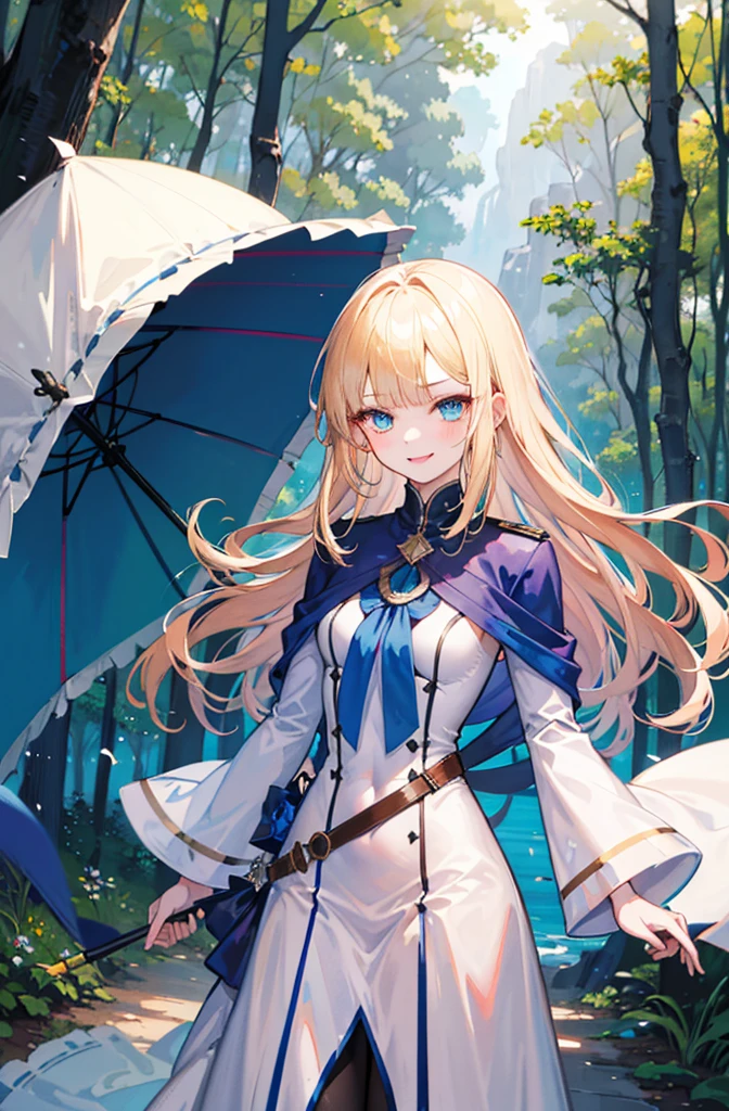 (Standing painting: 1.2) + (1girl:1.5)+ golden hair + princess cut + white knight uniform + detailed eyes and nose + deep blue eyes + white battle uniform + domineering, masterpiece, best quality,evil smile,holy,((forest background)),adult,