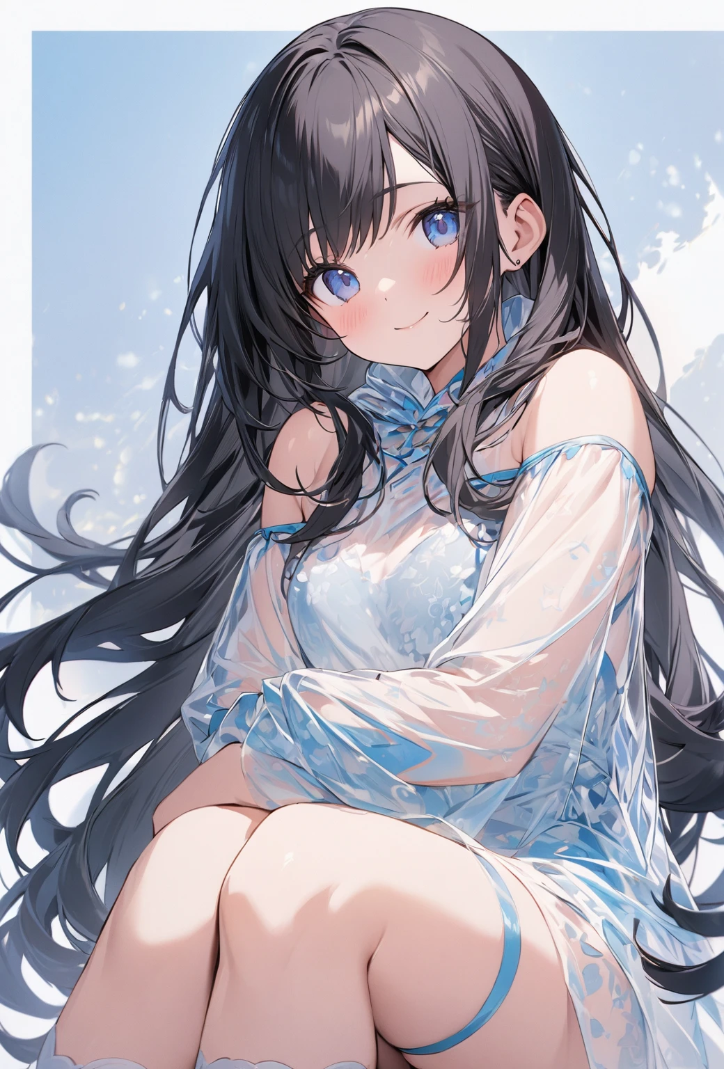 ((Highest quality)), ((masterpiece)), ((Very detailed)), (Very mature),A cute, gentle-looking woman with black hair and about 165cm tall.,A woman with a cute smile wearing a transparent blue waifus with a cute patterned hood and bare shoulders, alone, Cute attitude,(background(bright),Long Hair - Straight,Knee-high socks、A transparent blue veil with a cute pattern and white hood with off-the-shoulder sleeves,White wall、Sitting、Facing the viewer、縁に模様がある壁が1面のbackground