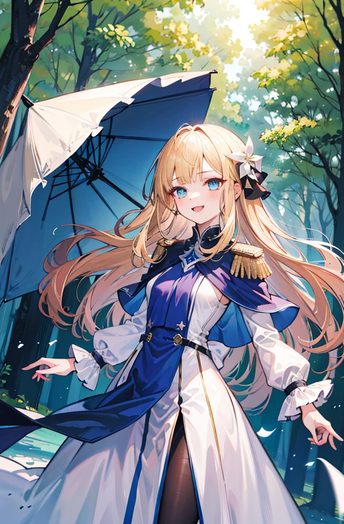 (Standing painting: 1.2) + (1girl:1.5)+ golden hair + princess cut + white knight uniform + detailed eyes and nose + deep blue eyes +  white battle uniform + domineering, masterpiece, best quality,evil smile,holy,((forest background)),adult,