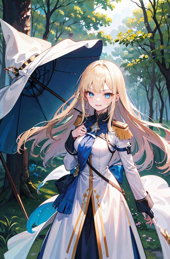 (Standing painting: 1.2) + (1girl:1.5)+ golden hair + princess cut + white knight uniform + detailed eyes and nose + deep blue eyes +  white battle uniform + domineering, masterpiece, best quality,evil smile,holy,((forest background)),adult,