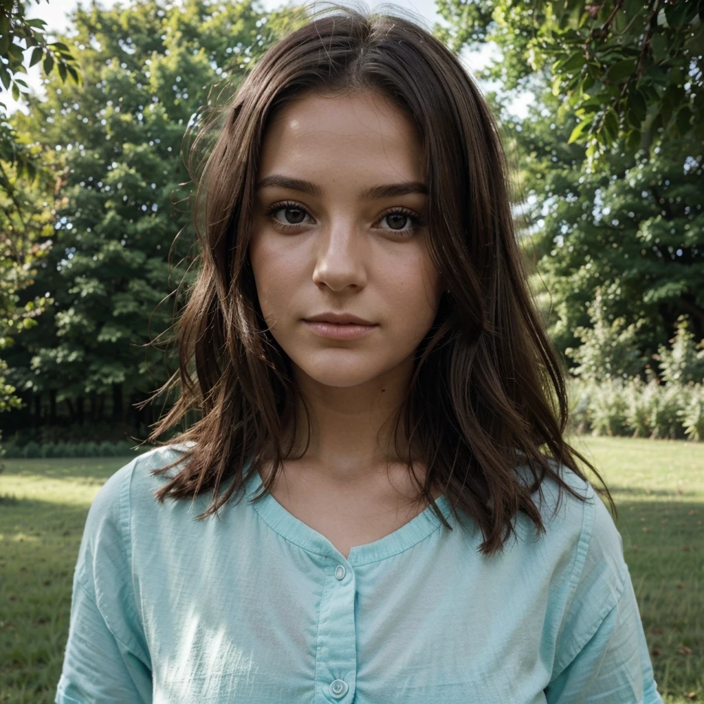 Crée une image hyper-réaliste d'une jeune fille brune dans un parc pour un post Instagram. Elle doit avoir l'air naturelle et authentique, avec une peau nette et des traits réalistes. Her hairstyle must be modern, Slightly wavy, and his eyes must be expressive, capturant une expression douce et sincère. Assure-toi que l'éclairage et les ombres sont bien équilibrés pour renforcer le réalisme de l'image.