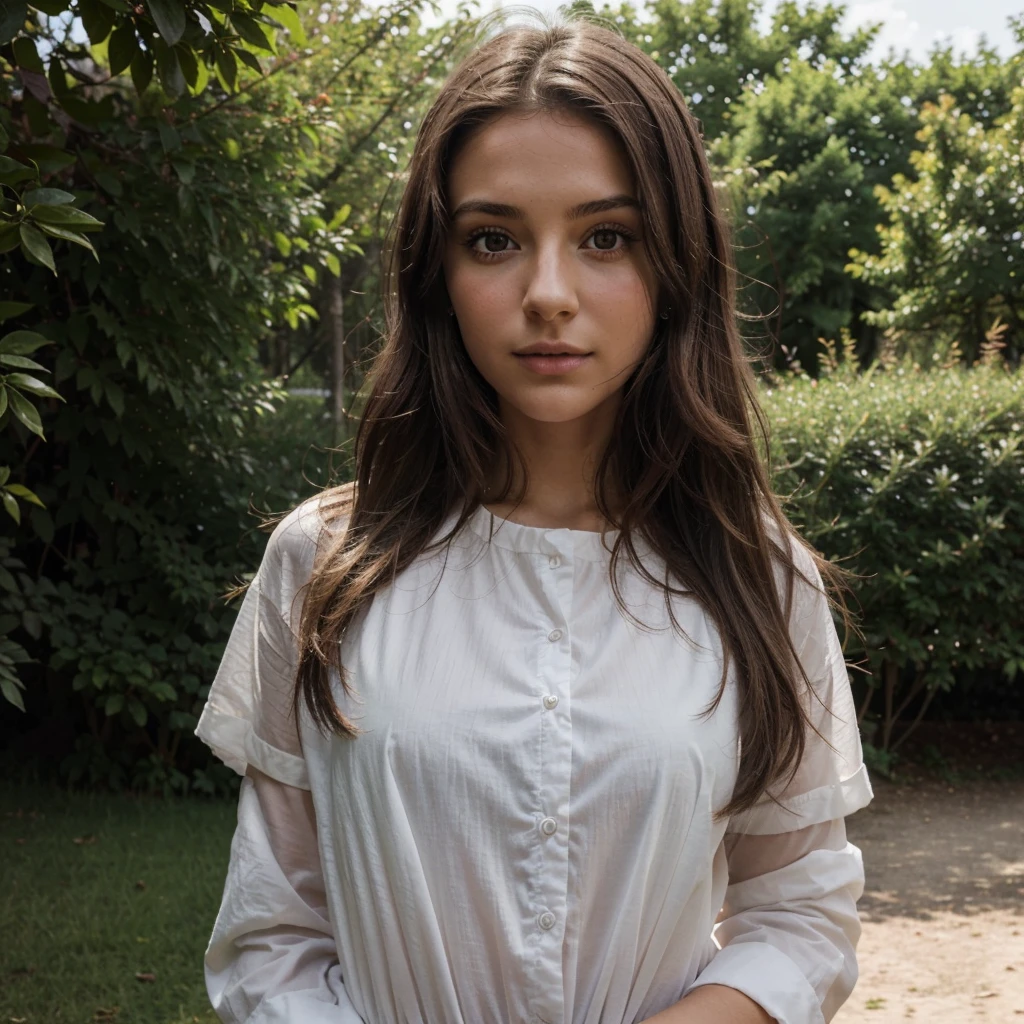 Crée une image hyper-réaliste d'une jeune fille brune dans un parc pour un post Instagram. Elle doit avoir l'air naturelle et authentique, avec une peau nette et des traits réalistes. Her hairstyle must be modern, Slightly wavy, and his eyes must be expressive, capturant une expression douce et sincère. Assure-toi que l'éclairage et les ombres sont bien équilibrés pour renforcer le réalisme de l'image.