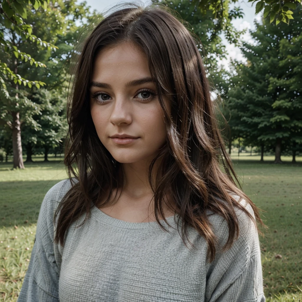 Crée une image hyper-réaliste d'une jeune fille brune dans un parc pour un post Instagram. Elle doit avoir l'air naturelle et authentique, avec une peau nette et des traits réalistes. Her hairstyle must be modern, Slightly wavy, and his eyes must be expressive, capturant une expression douce et sincère. Assure-toi que l'éclairage et les ombres sont bien équilibrés pour renforcer le réalisme de l'image.