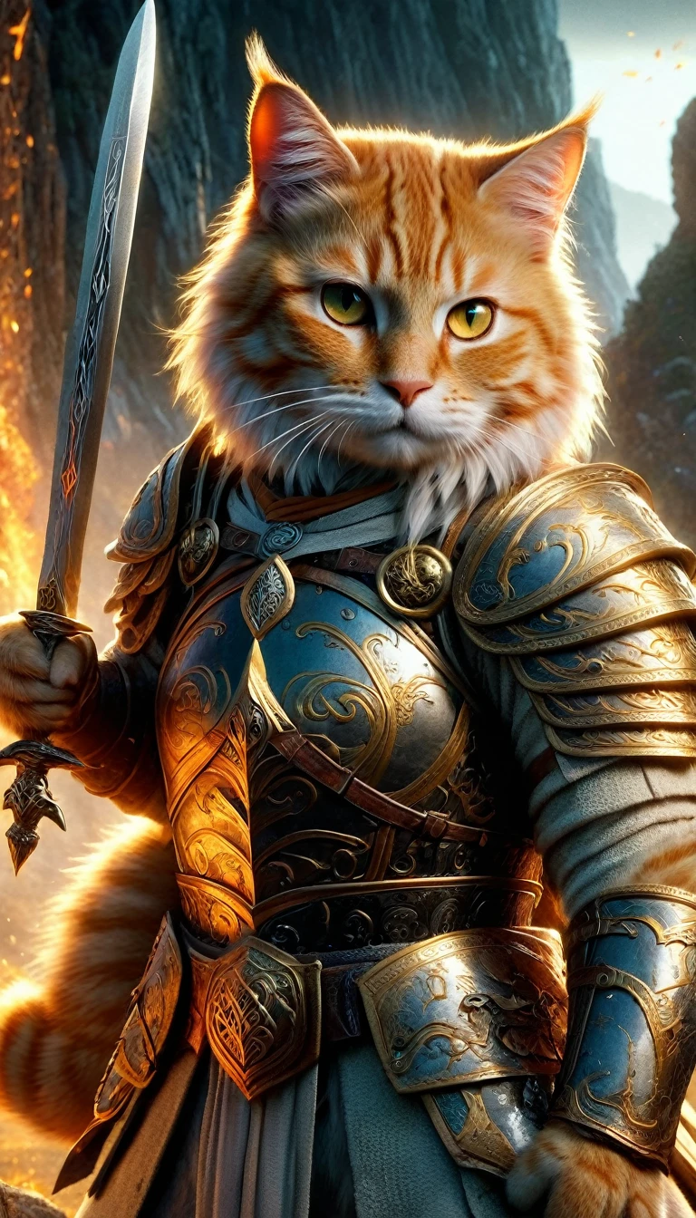 Official Art, Unified 8k wallpaper, Very detailed, Beautiful and beautiful, masterpiece, Highest quality, To the movies《Lord of the Rings》Styles,Actual scene,Epic war scenes,(Fat orange tabby cat warrior:1.4),(whole body:1.2), Wearing elaborate armor,Has a long sword,In combat,Great Wall Background,Cool colors,texture,Ray Tracing,