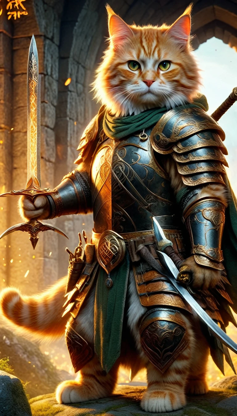 Official Art, Unified 8k wallpaper, Very detailed, Beautiful and beautiful, masterpiece, Highest quality, To the movies《Lord of the Rings》Styles,Actual scene,Epic war scenes,(Fat orange tabby cat warrior:1.4),(whole body:1.2), Wearing elaborate armor,Has a long sword,In combat,Great Wall Background,Cool colors,texture,Ray Tracing,