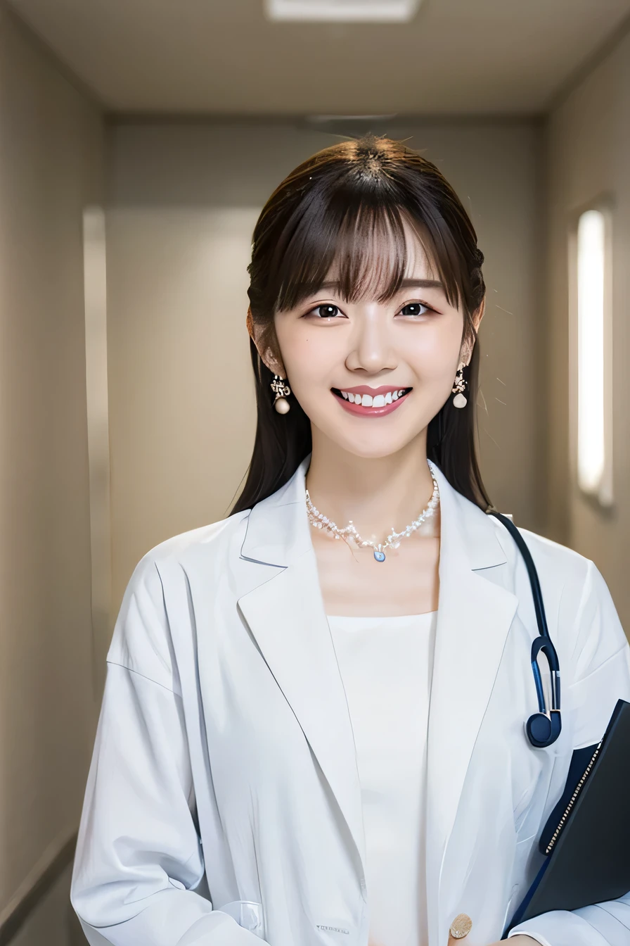 Beautiful young woman、 Korean women、Black Hair、Necklace around the neck、White、Stethoscope、hairstyle semi long、smile、Please open your mouth a little、Intricate details, Very detailed:1.2), 、 Looking into the camera,The background is a hospital corridor.、ear piercing