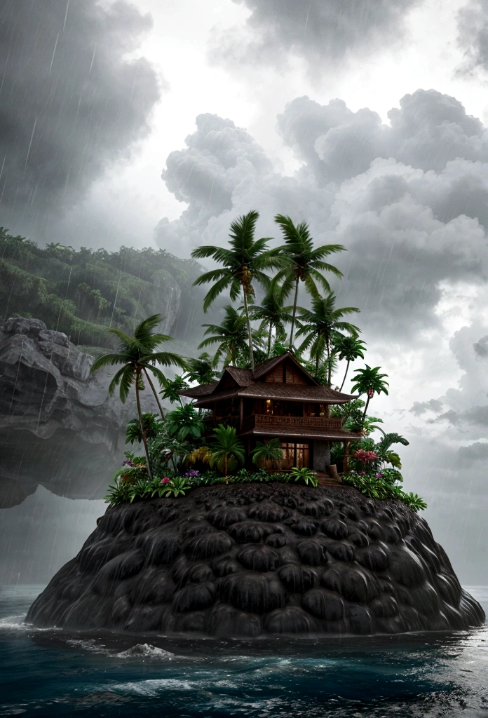 Tropical island in a rainstorm, realistic,