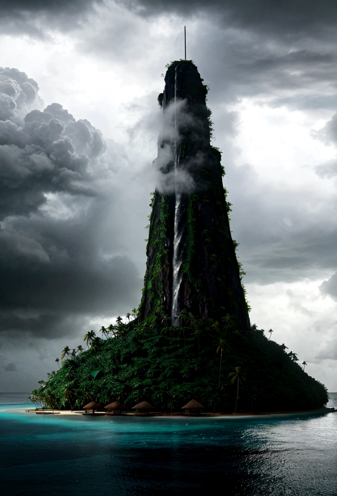 Tropical island in a rainstorm, realistic, 