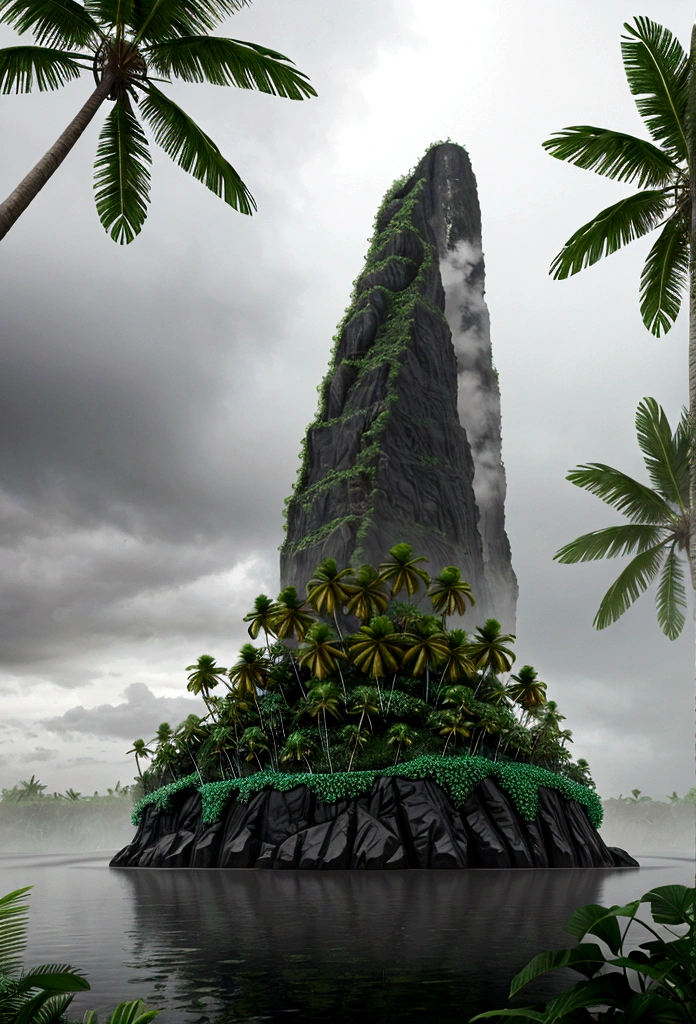 Tropical island in a rainstorm, realistic, 