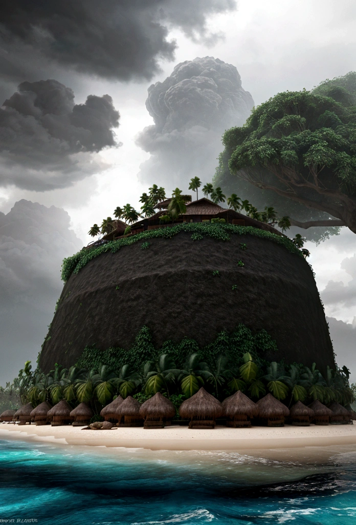 Tropical island in a rainstorm, realistic,