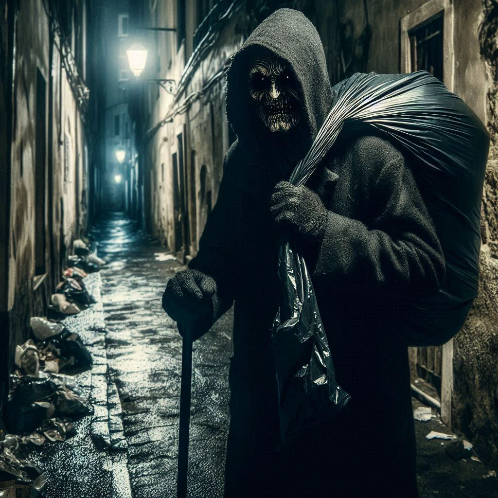 Crie imagens de um homem, macabro, com um saco de lixo preto nas costas. Em becos de uma cidade aterrorizante e durante a noite.