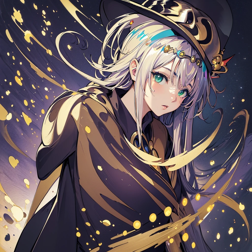 (masterpiece), best quality, (((ultra detailed, 8k quality))), expressive eyes, perfect face, perfect anatomy, perfect body,aalala, long hair, ahoge, hair ornament, green eyes, breasts, (wizard’s robe, witch’s clothes, wizard, witch, witch’s hat, crowned cap, breasts spilling out of bra,:1.3)