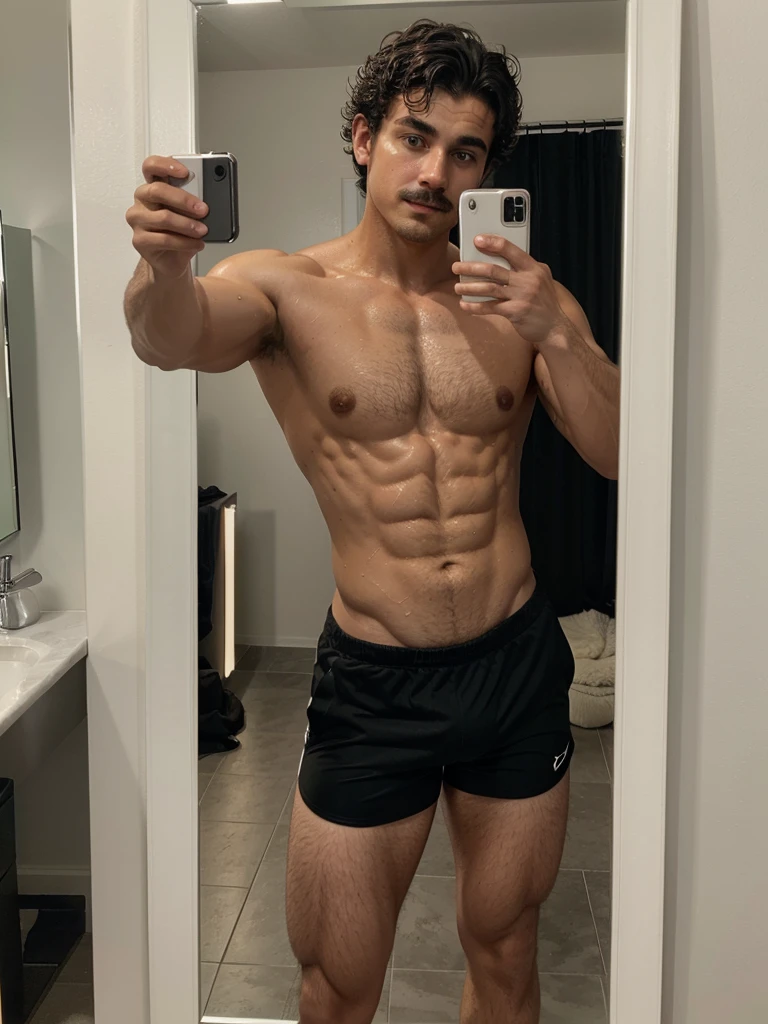 Handsome boy , light mustache, hot muscular body , medium curly hair , mirror selfie, best quality like its taken by iPhone 12 , wearing black sport shorts , wet body