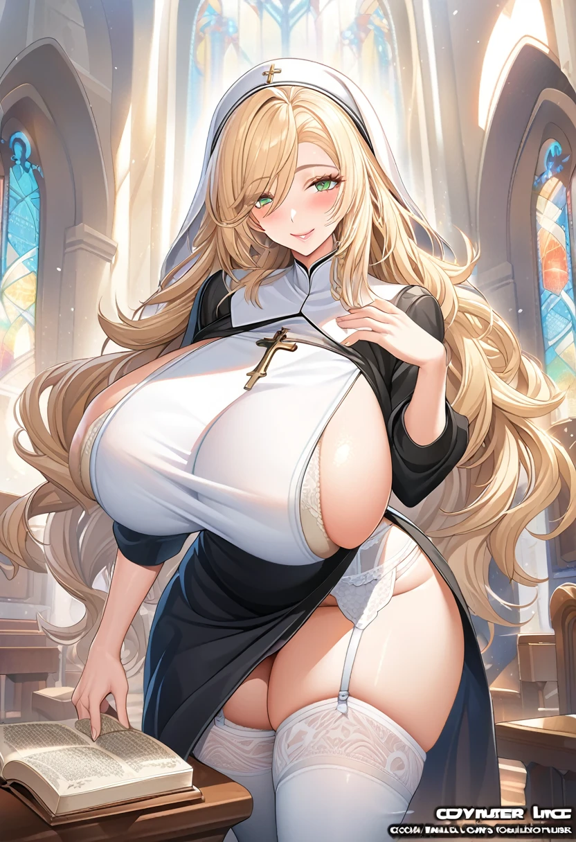masterpiece, Highest quality, Official Art, Highly detailed CG Unity 8k wallpaper, Detailed Background, (Handcrafted by Guido Daniele), (Finger details), Mature Girl 1, (Curvy), (Nuns), (Bible in hand, A book with a cross on the cover:1.12), (standing in church), (Nuns gown:1.12), (Chest Curtain:1.12), (Nuns skirt:1.11), (White Garter Straps Garter Belt:1.12), (Blonde long hair:1.12), (Hair Intake:1.12), (Green Eyes:1.2), blush, (Loving smile, holy smile), (Huge breasts:1.5), (Long chest, Saggy breasts:1.3), (Let go of my chest), Tight waist, Shiny skin, (Cross Necklace), indoor, (Sacred Scene), (church:1.11), (Sunlight streaming through stained glass),sagging breasts,milf,nun,sideboob,underboob,breast focus