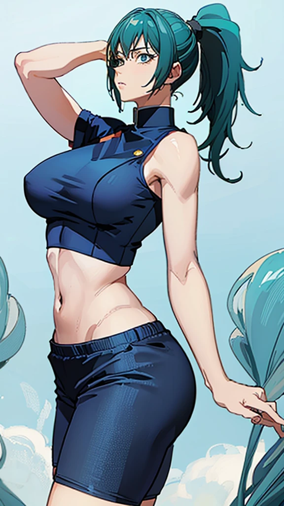 ((best quality)), ((masterpiece)), (detailed), perfect face, blue top, crop top, blue fitted dolphin shorts, huge breasts, huge ass , green hair, pony tail