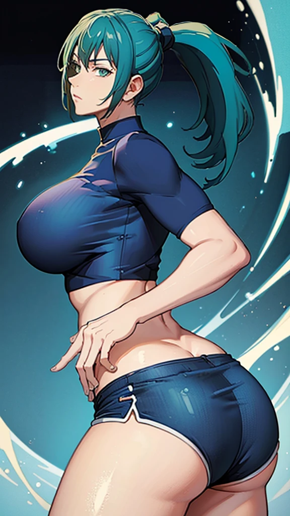 ((best quality)), ((masterpiece)), (detailed), perfect face, blue top, crop top, blue fitted dolphin shorts, huge breasts, huge ass , green hair, pony tail