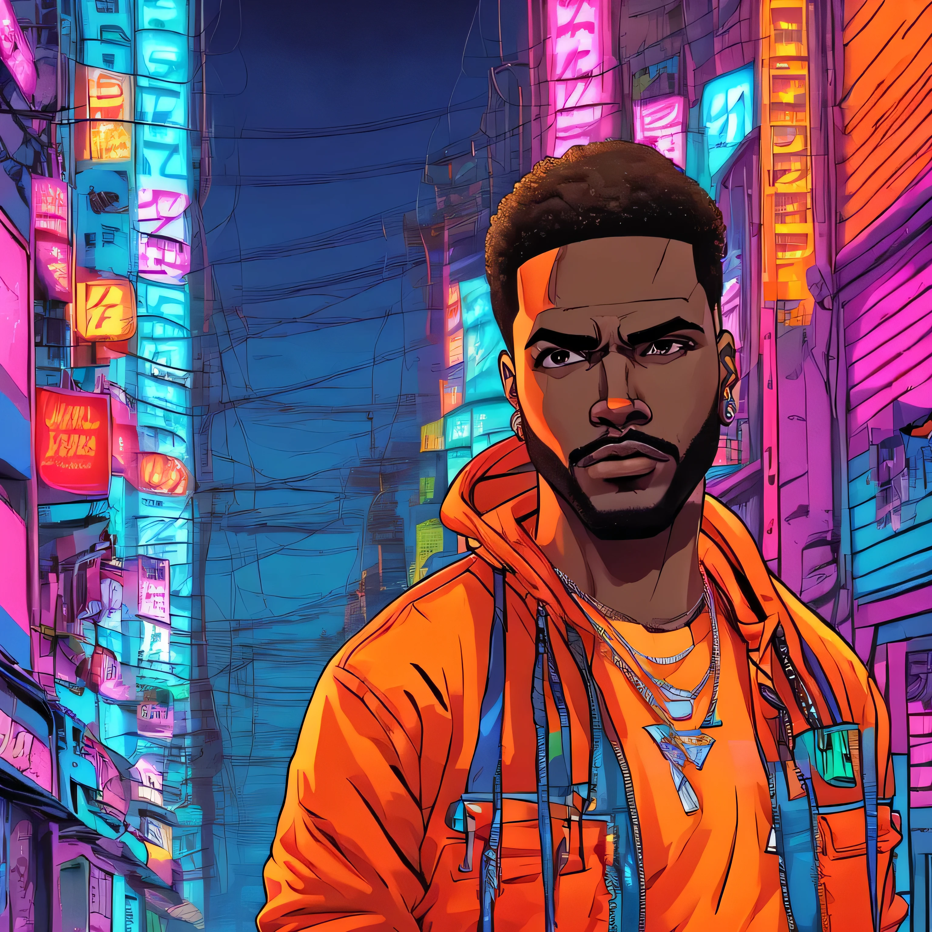 1 homem ,Arte estilo GTA ,(Jovens:1.5),illustration, arte digital, (estilo GTA:1.5),Estilo de arte do GTA, Arte GTA cores brilhantes, (estilo de desenho animado:1.2),(hiperdetalhe:1.15), estilo glamoroso, melhor qualidade, Holistic, alto detalhe, serious,against a large night metropolis, ((Neon lighting)), ((ciberpunk)),luz suave,satirical,Exagerado,estilo pop art,cores vibrantes,iconic characters,full of action,((The background is a red orange city:1)),sol, Coqueirosbarco