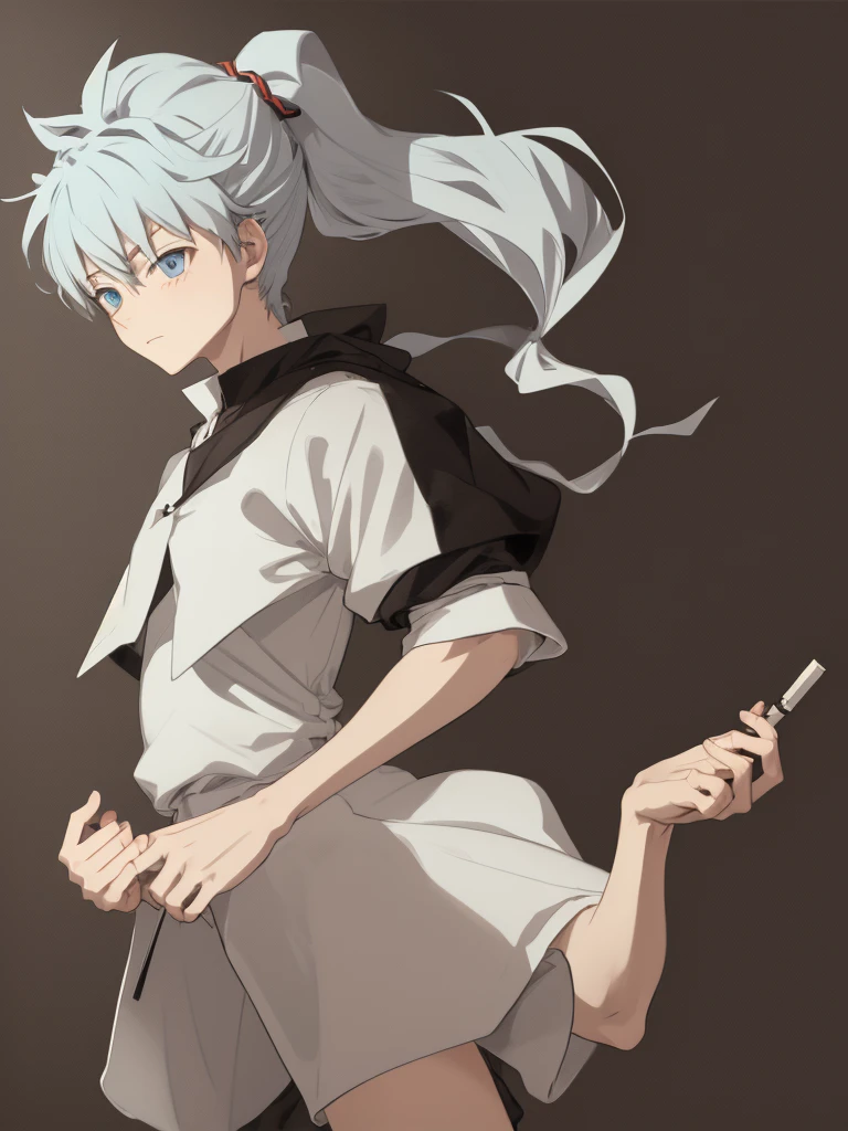 Killua Zoldyk with long hair partially tied in a bun, smoking