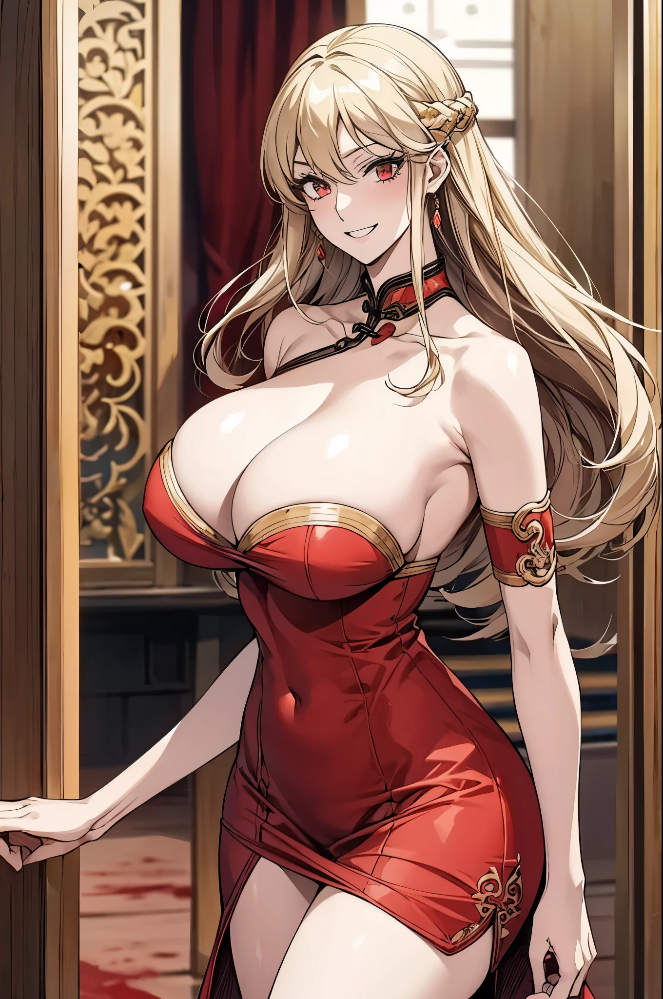 (art: 1.2), (best quality: 1.2) 1 woman, mature, tall (1.85), appeared to be around 25 years old, had long blonde hair, straight hair with curled ends, blood-red eyes like a ruby , extremely detailed eyes, perfect eyes, extremely realistic eyes, well-aligned eyes, long eyelashes, anime style, perfect face, milf face, smiling happily, happy smile is contagious, full lips, smiling, mature, fair skin, natural body, BODY SEXY, milf body, perfect hands, detailed hands, hands well proportioned to the body, realistic hands, arms with good anatomy, she only wore a red dress decorated in gold and silver that still couldn't hide her extremely large and huge breasts that hung down due to his size, thick thighs, wide hips, looking at the viewer, background scene, scene of a Chinese-style pavilion, posing alone Looking at the viewer