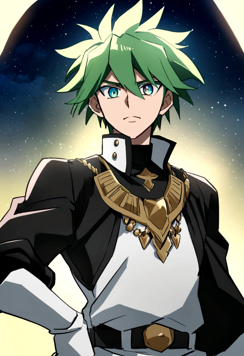 uma imagem em anime, de um homem mago de 20 anos, de cabelo curto preto e olhos azuis, wearing a black combat tunic that allows good mobility and protection, com detalhes prateados, usa um cinto prateado