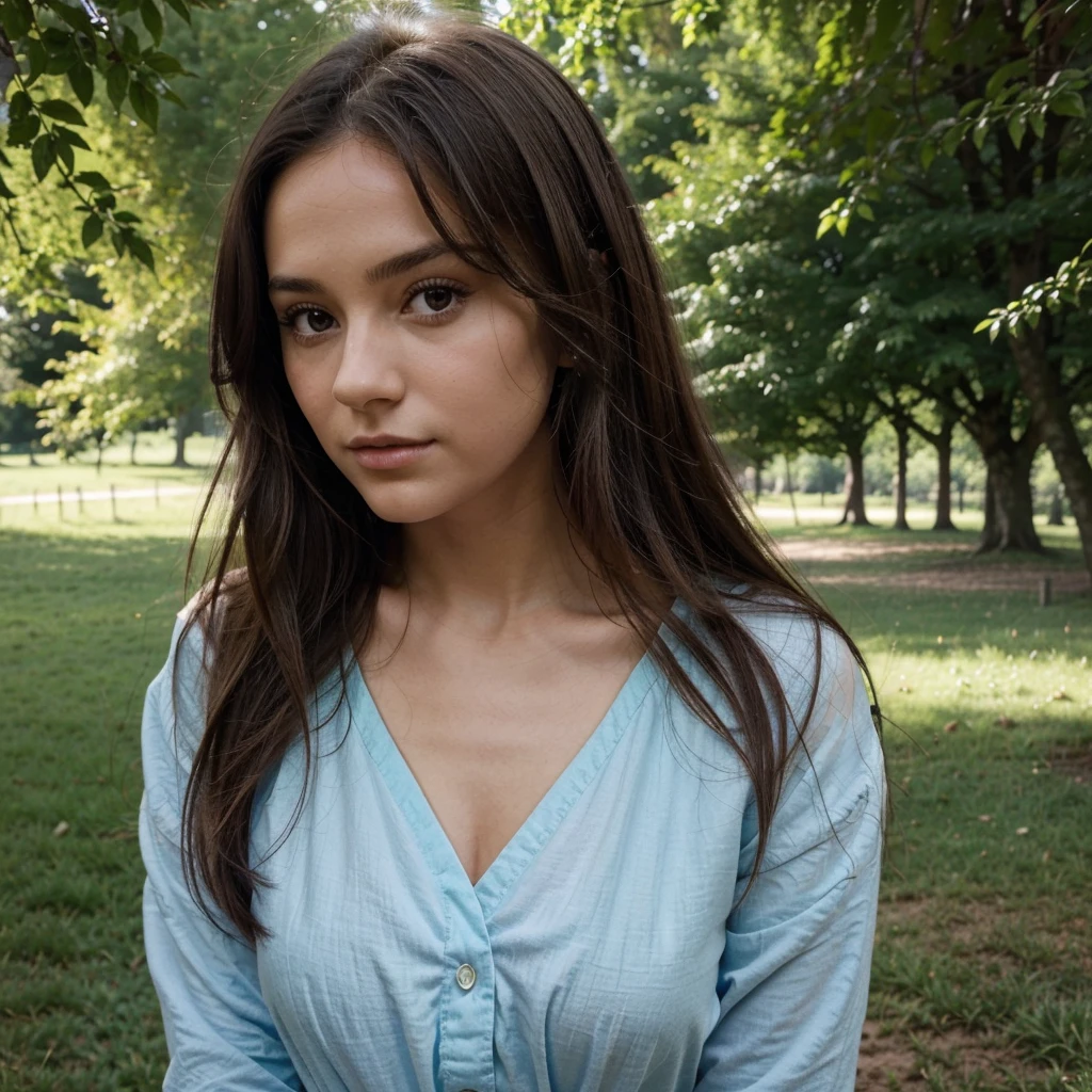 A photorealistic portrait of a 25-year-old brazilian girl with long, flowing brown hair, green and brown small eyes and skyn matt. She should have a natural, approachable expression and be illuminated by soft, golden-hour sunlight. The background should be a scenic outdoor setting, perhaps a sunlit park or party. Capture this image with a high-resolution photograph using an 85mm lens for a flattering perspective.

