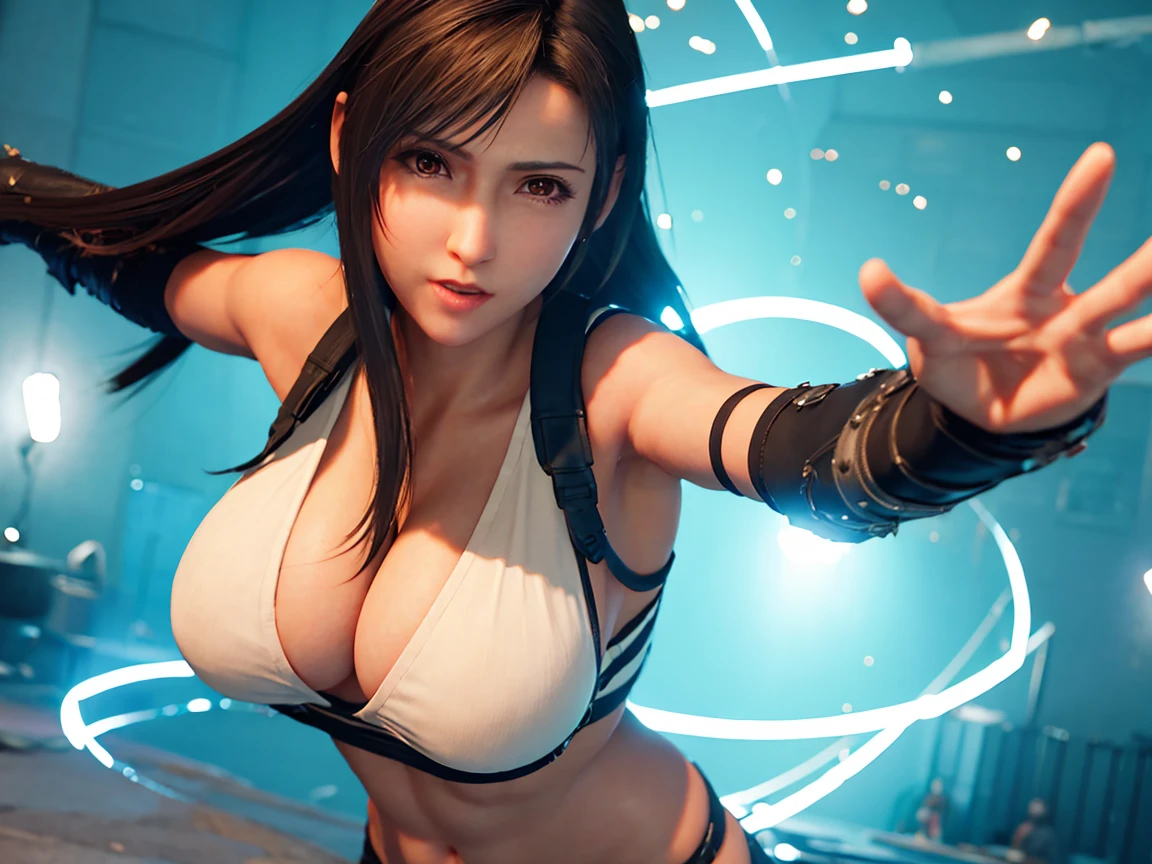Tifa semidesnuda, cuerpo entero, pose sensual, culo redondo, big breasts and light brown eyes. 8K, mejor calidad, obra maestra