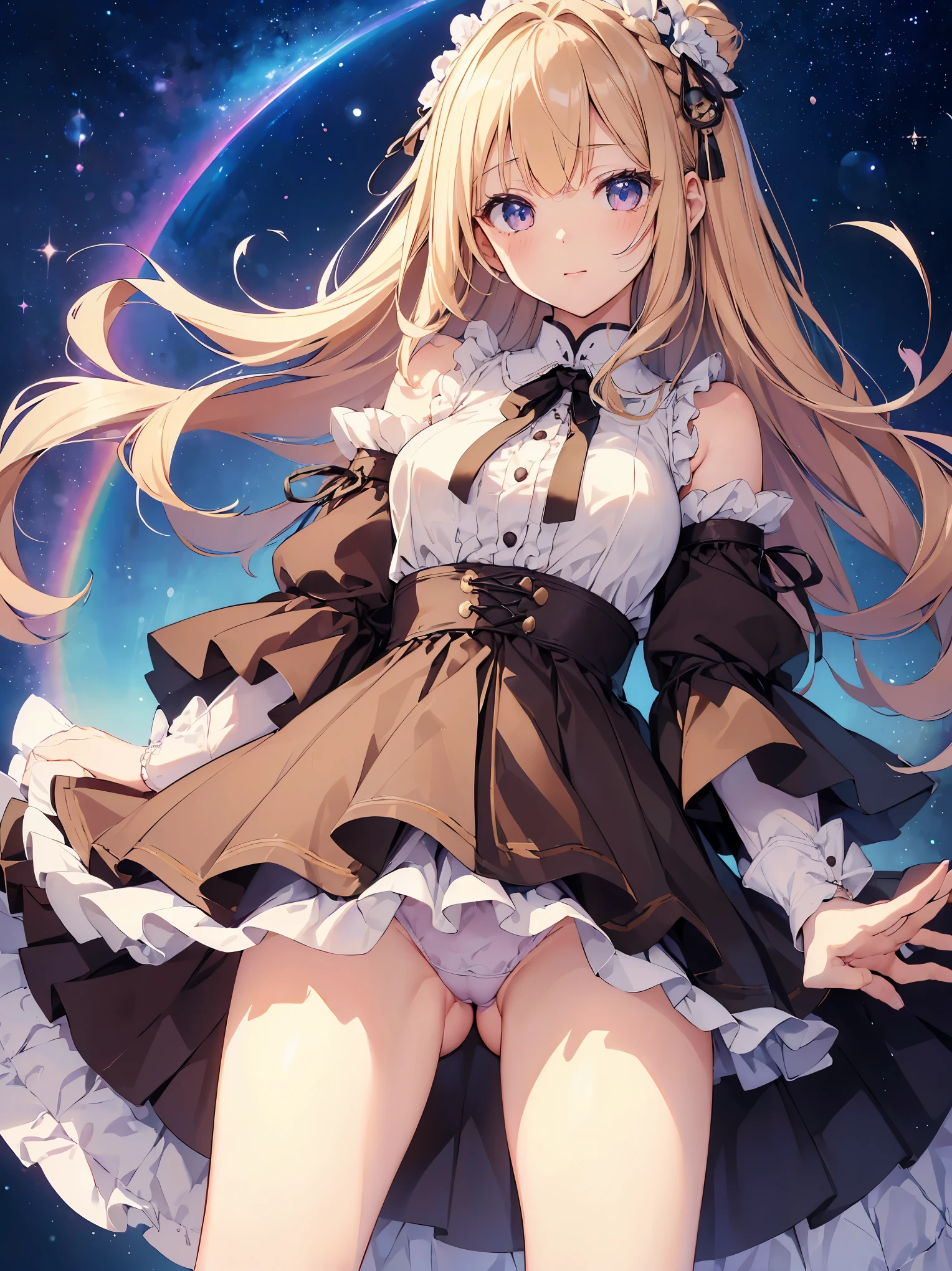 ((傑作 Highest quality:1.4)), ((Tabletop, Highest quality)), (8K quality), (Detailed Background:1.3), (Detailed face:1.3), (Cute age Girls, alone),Beautiful portrait、Delicate body、Frilled blouse,Long Check Skirt,Vintage, Long blonde hair,Cinematic Light,A small smile,Tilt your head、Lying in a fluffy bed、sunlight、Shaking breasts、、Nipples、((She spreads her legs wide to show her pussy))、Flip Skirt、High class clothing、Rainbow glow, Beautiful sparkle,