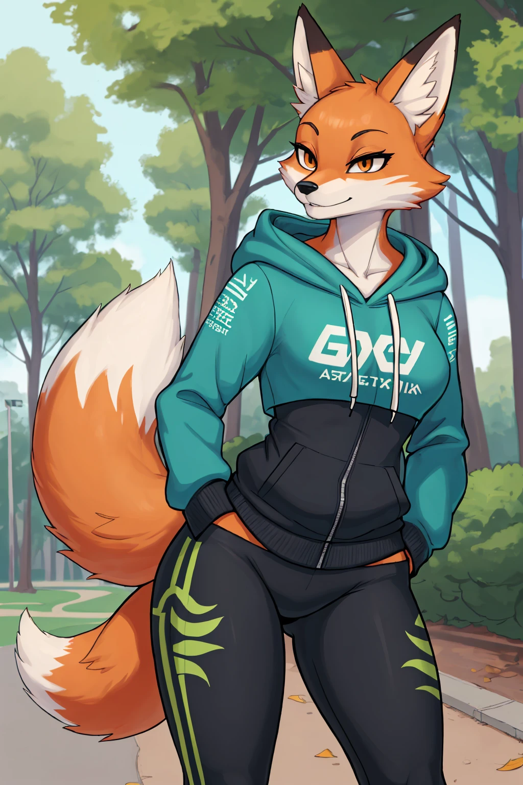 Furry,female fox,(((slender body))),god,full length,athletic body,Fox,Beautiful coat,wearing a sports hoodie,in tight leggings,standing against the backdrop of a beautiful lush park,went for a run,cartoon fox print sweatshirt
