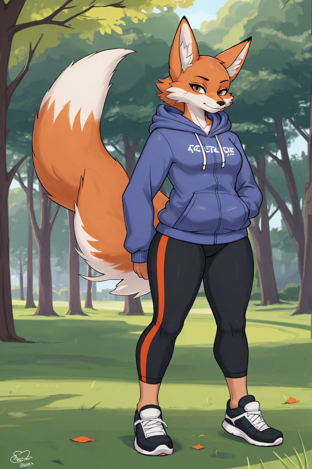 Furry,female fox,(((slender body))),god,full length,athletic body,Fox,Beautiful coat,wearing a sports hoodie,in tight leggings,standing against the backdrop of a beautiful lush park,went for a run,cartoon fox print sweatshirt