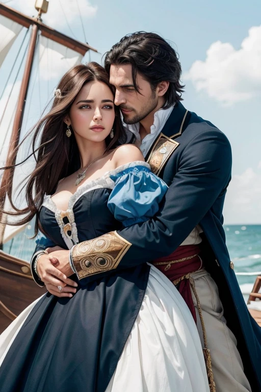 A handsome pirate looking at the photo with an angry expression, with tanned skin and messy black hair, olhos azuis profundos e marcantes, he is hugging a princess wearing royal clothing in 1850, a blue dress, she has brown hair and is pale, behind them there is a pirate ship 