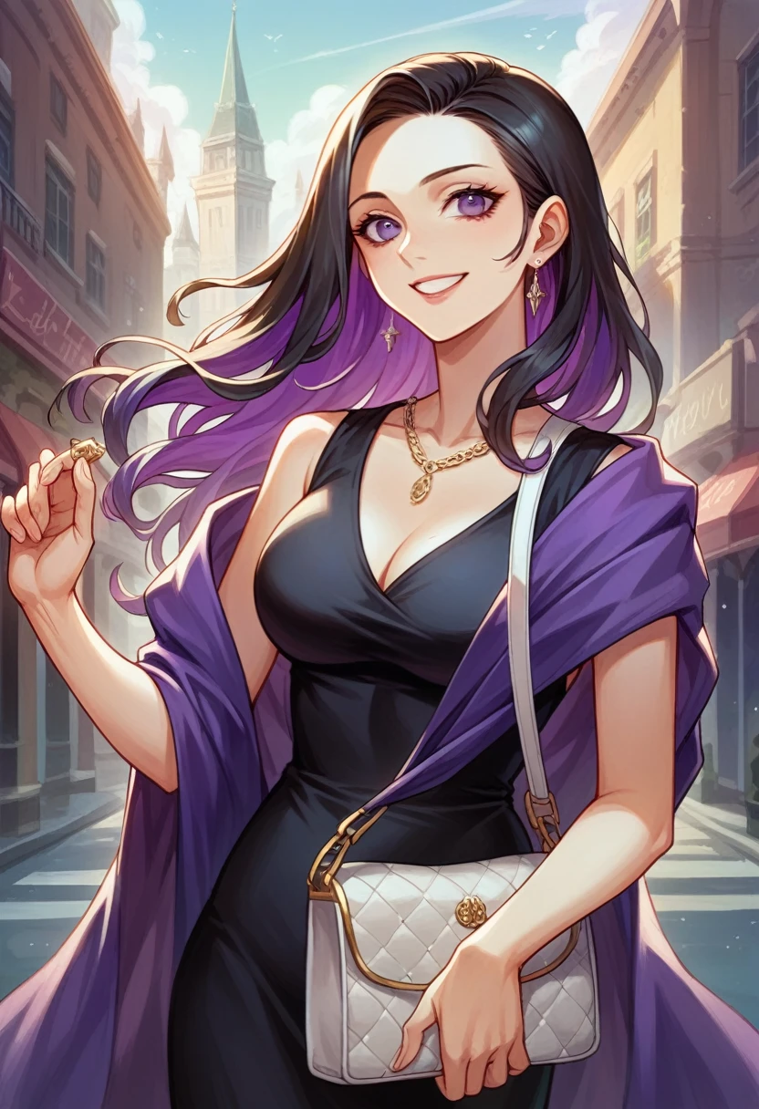 ((best quality)), ((masterpiece)), (detailed), 1girl, late 20s beautiful woman with bright (purple eyes) looking at viewer, smiling smugly, black sleeveless dress, two-tone hair, long wavy ombre hair ((black into white 1:2)), city background, from downwards, purple shawl, designer handbag, luxury