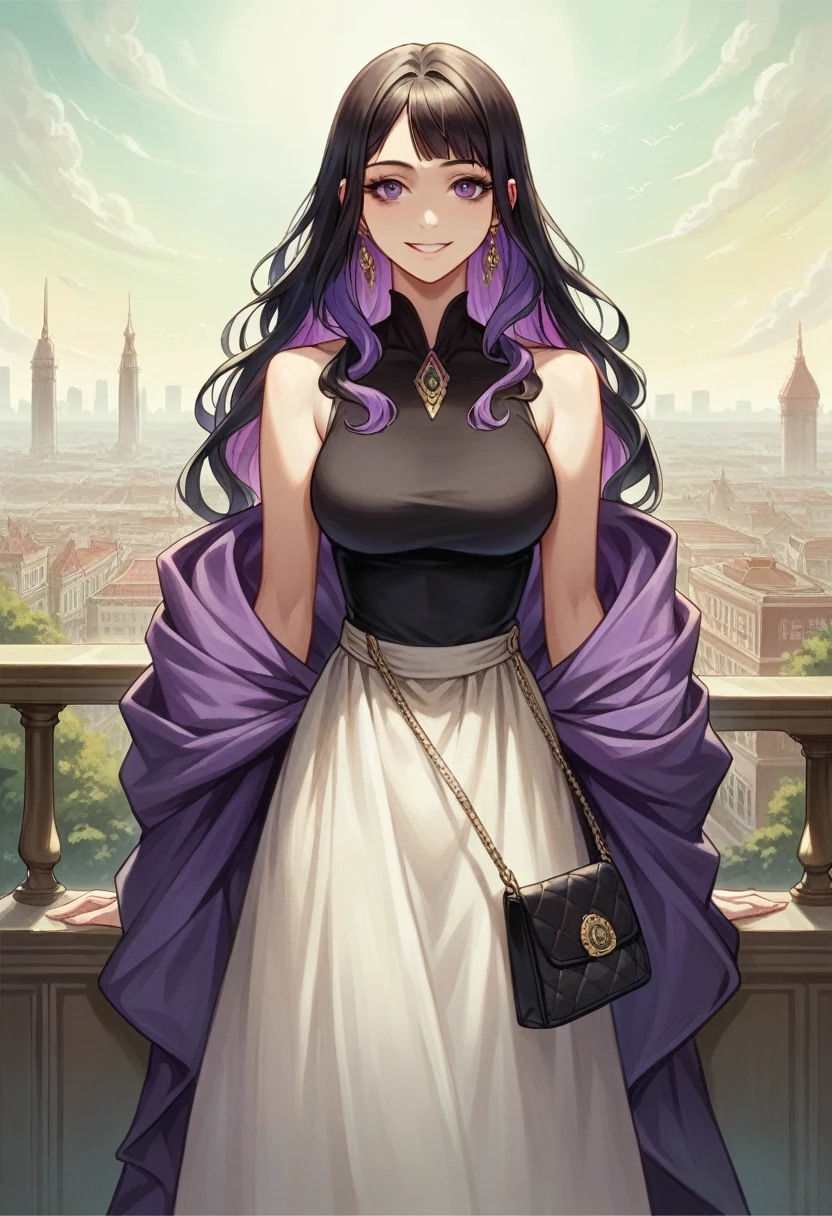 ((best quality)), ((masterpiece)), (detailed), 1girl, late 20s beautiful woman with bright (purple eyes) looking at viewer, smiling smugly, black sleeveless dress, two-tone hair, long wavy ombre hair ((black into white 1:2)), city background, from downwards, purple shawl, designer handbag, luxury