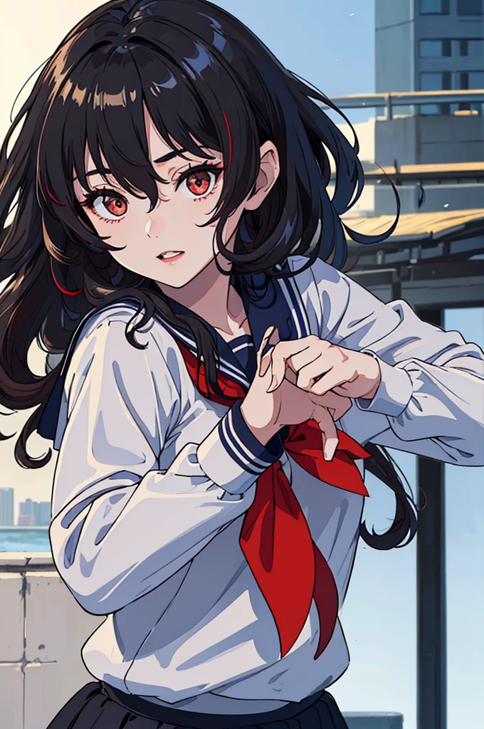 (1girl:1.3, solo), (a extremely pretty and beautiful Japanese woman), (sexy girl), (professional attire:1.3), (22 years old: 1.1), (attractive random posing:1.3), (starring at you:1.3), ( long, wavy black hair with red highlights :1.2), bangs, red eyes, beautiful eyes, princess eyes, (big eyes:1.3), bangs, Hair between eyes, long hair:1.3, (slender:1.1), (small-medium-breasts:0.95), (thin waist: 1.15), (detailed beautiful girl: 1.4), Red lips, full-make-up face, happy (shiny skin), ((Perfect Female Body)), (Upper Body Image:1.3), Perfect Anatomy, Perfect Proportions, (most beautiful Korean actress face:1.3, extremely cute and beautiful Japanese actress face:1.3), BREAK, (View viewer, wearing a school girl uniform, (insanely detailed collared sailor shirt:1.3, long-sleeve:1.3), (black box-skirt:1.3), detailed clothes, (Studio soft lighting: 1.3), (sunlights 1.3), (backlight: 1.3), BREAK, (Realistic, Photorealistic: 1.37), (Masterpiece, Best Quality: 1.2), (Ultra High Resolution: 1.2), (RAW Photo: 1.2), (Sharp Focus: 1.3), (Face Focus: 1.2), (Ultra Detailed CG Unified 8k Wallpaper: 1.2), (Beautiful Skin: 1.2), (pale Skin: 1.3), (Hyper Sharp Focus: 1.5), (Ultra Sharp Focus: 1.5), (Beautiful pretty face: 1.3), (city background, detail background: 1.3), Ultra Realistic Photo, Hyper Sharp Image, Hyper Detail Image,
