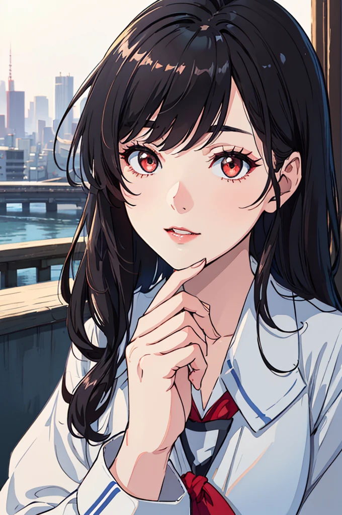 (1girl:1.3, solo), (a extremely pretty and beautiful Japanese woman), (sexy girl), (professional attire:1.3), (22 years old: 1.1), (attractive random posing:1.3), (starring at you:1.3), ( long, wavy black hair with red highlights :1.2), bangs, red eyes, beautiful eyes, princess eyes, (big eyes:1.3), bangs, Hair between eyes, long hair:1.3, (slender:1.1), (small-medium-breasts:0.95), (thin waist: 1.15), (detailed beautiful girl: 1.4), Red lips, full-make-up face, happy (shiny skin), ((Perfect Female Body)), (Upper Body Image:1.3), Perfect Anatomy, Perfect Proportions, (most beautiful Korean actress face:1.3, extremely cute and beautiful Japanese actress face:1.3), BREAK, (View viewer, wearing a school girl uniform, (insanely detailed collared sailor shirt:1.3, long-sleeve:1.3), (black box-skirt:1.3), detailed clothes, (Studio soft lighting: 1.3), (sunlights 1.3), (backlight: 1.3), BREAK, (Realistic, Photorealistic: 1.37), (Masterpiece, Best Quality: 1.2), (Ultra High Resolution: 1.2), (RAW Photo: 1.2), (Sharp Focus: 1.3), (Face Focus: 1.2), (Ultra Detailed CG Unified 8k Wallpaper: 1.2), (Beautiful Skin: 1.2), (pale Skin: 1.3), (Hyper Sharp Focus: 1.5), (Ultra Sharp Focus: 1.5), (Beautiful pretty face: 1.3), (city background, detail background: 1.3), Ultra Realistic Photo, Hyper Sharp Image, Hyper Detail Image,