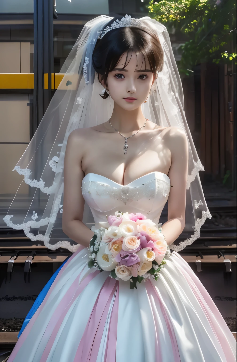 (((Pixel Perfect, Perfect details))), Solitary, 1 girl，bride, chunmomo, Keep your mouth shut，pink glossy lips,穿著bride禮服的特写,Gulwitz, (((bride頭紗)))，（Transparent short veil），blush，Eyeshadow，Blushing face，Flower head，headgear，((Bouquet))，((((tube top wedding dress))))，(((Strapless Wedding Dress))),(Bare shoulders)，Pure white dress，(((necklace)))，((earrings))，(large breasts:1.3)，Bangs，Lipstick，((White long elbow gloves)),Half-length photo,High Detail RAW Color Art,White long skirt,There is a railway track next to it，(standing on the railroad tracks:1.3),18 years old, （Long twin tails：1.5）, Black Hair,night,Rainy Day