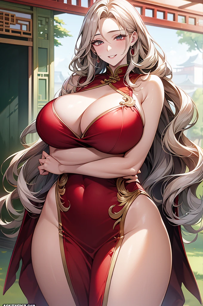 (art: 1.2), (best quality: 1.2) 1 woman, mature, tall (1.85), appeared to be around 25 years old, had long blonde hair, straight hair with curled ends, blood-red eyes like a ruby , extremely detailed eyes, perfect eyes, extremely realistic eyes, well-aligned eyes, long eyelashes, anime style, perfect face, milf face, smiling happily, happy smile is contagious, full lips, smiling, mature, fair skin, natural body, BODY SEXY, milf body, perfect hands, detailed hands, hands well proportioned to the body, realistic hands, arms with good anatomy, she only wore a red dress decorated in gold and silver that still couldn't hide her extremely large and huge breasts that hung down due to his size, thick thighs, wide hips, looking at the viewer, background scene, scene of a Chinese-style pavilion, posing alone Looking at the viewer