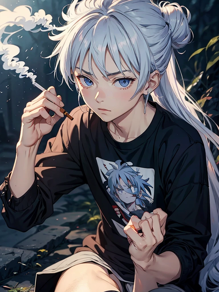 Killua Zoldyk with long hair partially tied in a bun, smoking 
