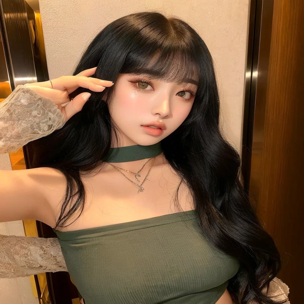 mulher araffe com longos cabelos pretos e uma blusa verde, she has black hair Com franja, long hair com franja completa, long hair Com franja, lalisa manobal, Com franja, com franja completa, jaeyeon nam, Ulzzang, Lalisa Manoban do Blackpink, neat hair Com franja, Sun Yunjoo,  coreana