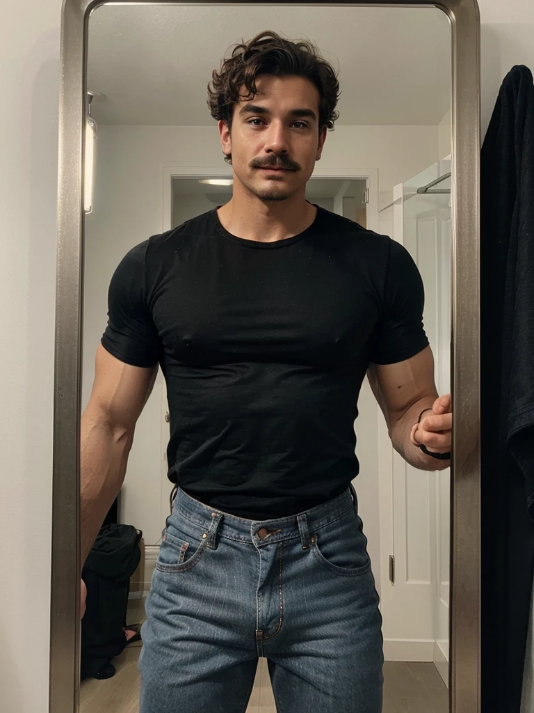 Handsome man , light mustache, hot muscular body , medium curly hair , mirror selfie, best quality like its taken by iPhone 12 , wearing black baggy jeans