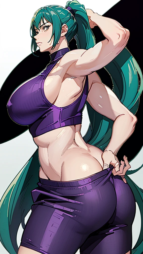 ((best quality)), ((masterpiece)), (detailed), perfect face, purple top, crop top, purple fitted dolphin shorts, huge breasts, huge ass , green hair, pony tail