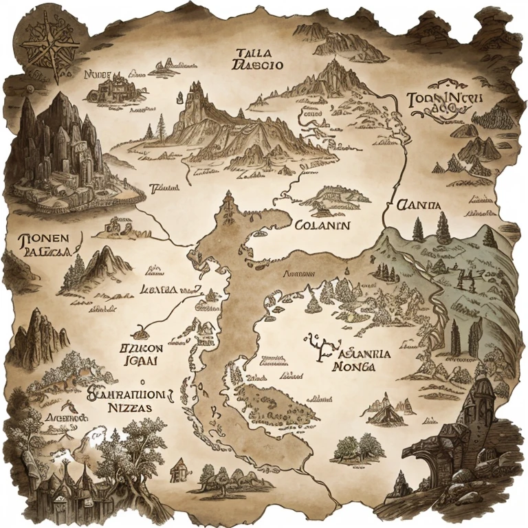 An old fantasy map that has two nations, two castle in each nation, otros lugares aleatorios y bosques (sin nombres)