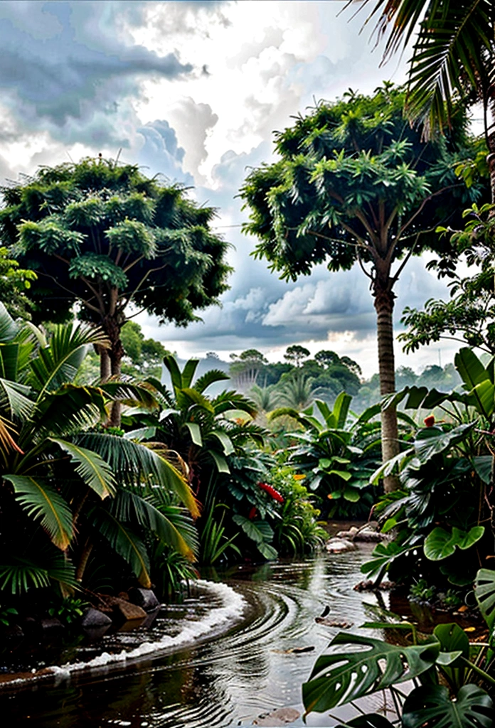 Tropical jungle in a rainstorm, realistic, 